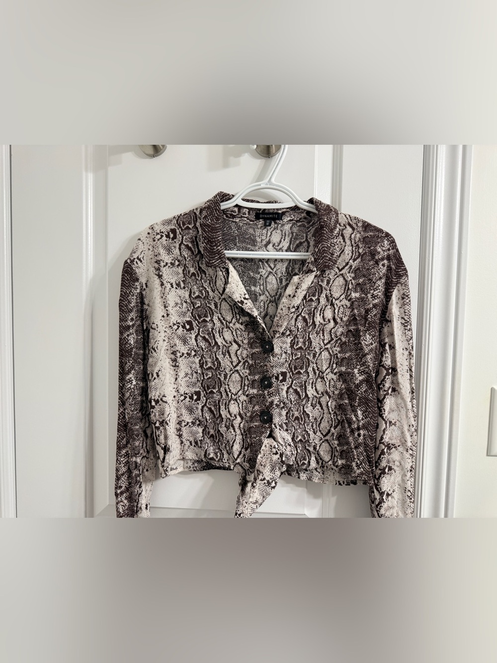Dynamite Snake-Print Tie-Hem Button Front Top — Brown & Cream